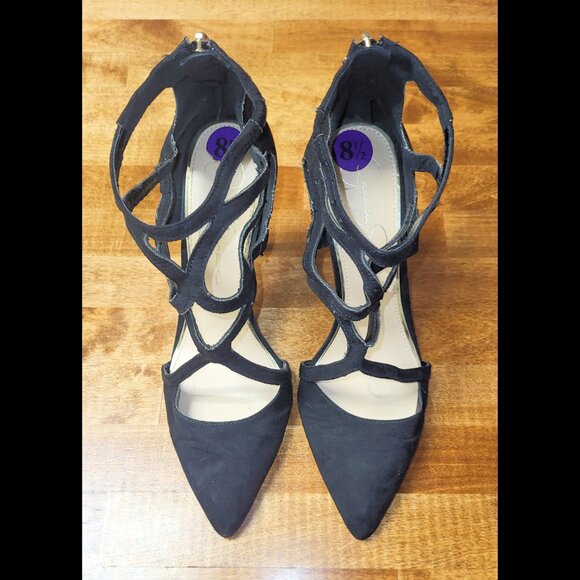 USED Jessica Simpson Pamira Black Caged Stiletto Suede Pump Strappy Heels US 8.5 - Picture 9 of 15